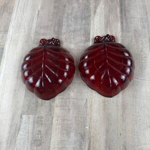 Vintage Anchor Hocking Royal Ruby Red Glass Leaf Shape Candy Dish Set of 2